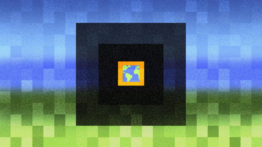 Illustration of a view of the globe in the shape of a square, surrounded by a yellow square border. The border is surrounded by two larger black boxes. The background is a blurred picture of green grass and ocean, with a pattern of pixels overlaid on top of it.