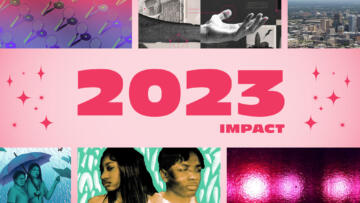 Photo illustration of art from the featured stories published in 2023 centered around the header "2023 impact"