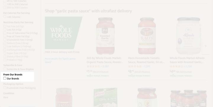 A screenshot from Amazon's website showing the "Our Brands" filter for search results.