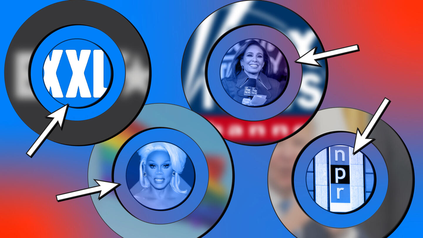 Photo illustration of four targets. The outer rims of the targets are blurred. These rims feature the BET logo, the gay pride flag, the FOX News logo and Joe Biden. The center of the targets feature the XXL logo, RuPaul, Judge Jeanine Piro and the NPR logo respectively.