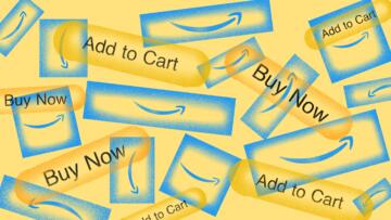 Illustration of a pile of Amazon boxes with smiles on them, mixed with buttons that say "Add to Cart" and "Buy Now.'