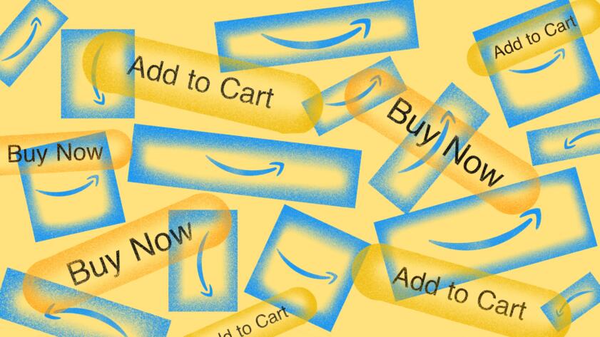 Illustration of a pile of Amazon boxes with smiles on them, mixed with buttons that say "Add to Cart" and "Buy Now.'