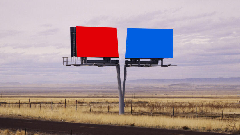 An illustration of a billboard being split into two with one half red and the other half blue