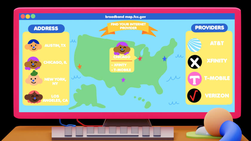 3D illustration of a computer showing a 2D illustration of the FCC broadband map. On the left is a column of addresses with little people icons. On the right are providers showing Internet Service Provider logos. The middle of the map shows America, with a label pointing to Chicago.