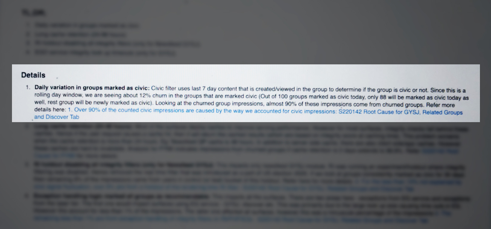 Screenshot of highlighted document that shows 90 percent of the impressions—the number of times a recommendation was seen—on political groups that Facebook tallied while trying to solve the recommendation problem were a result of the day-to-day turnover on the civic group blacklist.