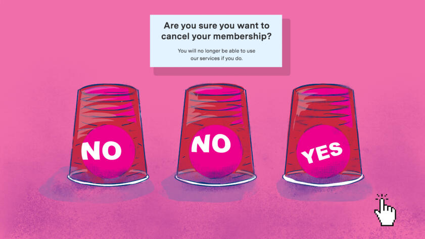 An illustration of three plastic cups with balls underneath, two which read NO and one with reads YES. A cursor icon rests in the corner waiting to make a selection to answer the question, "Are you sure you want to cancel your membership?"