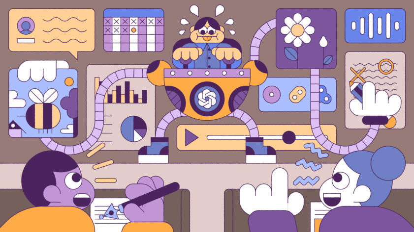 Illustration of a teacher controlling a robot with tentacle-like legs and arms amidst several vignettes showing things like a calendar, statistics, images of nature, and corrections of an essay; there are two students seated at desks at the bottom of the composition