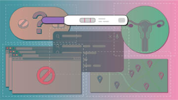 Illustration of a positive pregancy test. Tracking boxes surround various vignettes of pregnancy-related searches.