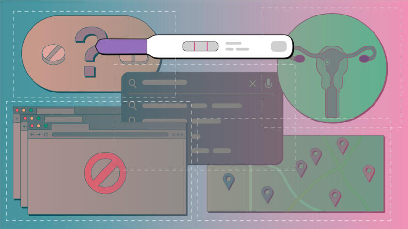 Illustration of a positive pregancy test. Tracking boxes surround various vignettes of pregnancy-related searches.