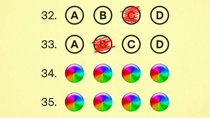 An illustration of a multiple choice exam with half the questions having crashed with a mac beachball icon