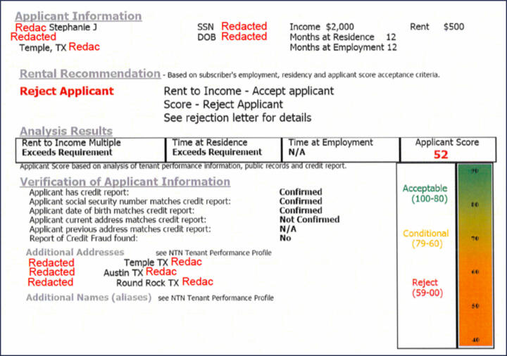 An example of a screening report that makes a determination—in this case, to reject the applicant.