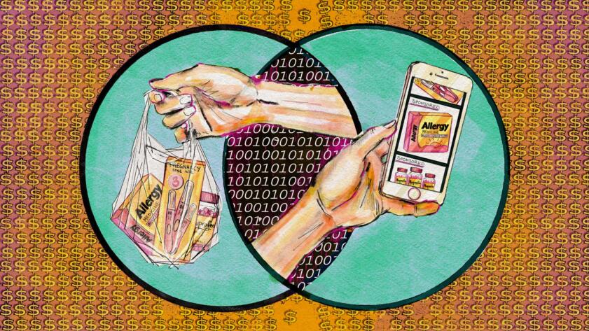 A digital illustration in bright copic marker and pencil shows a repetitive dollar-sign motif with two solid circles overlapping in the center of the image. Where they overlap, there is a binary-code pattern of zeroes and 1s, which represents information shared digitally. Two hands reach out of the digital space. The hand on the left holds a bag of over-the-counter products. The hand on the right holds a smartphone with an app open, showing sponsored advertisements for the same products in the bag to the left.