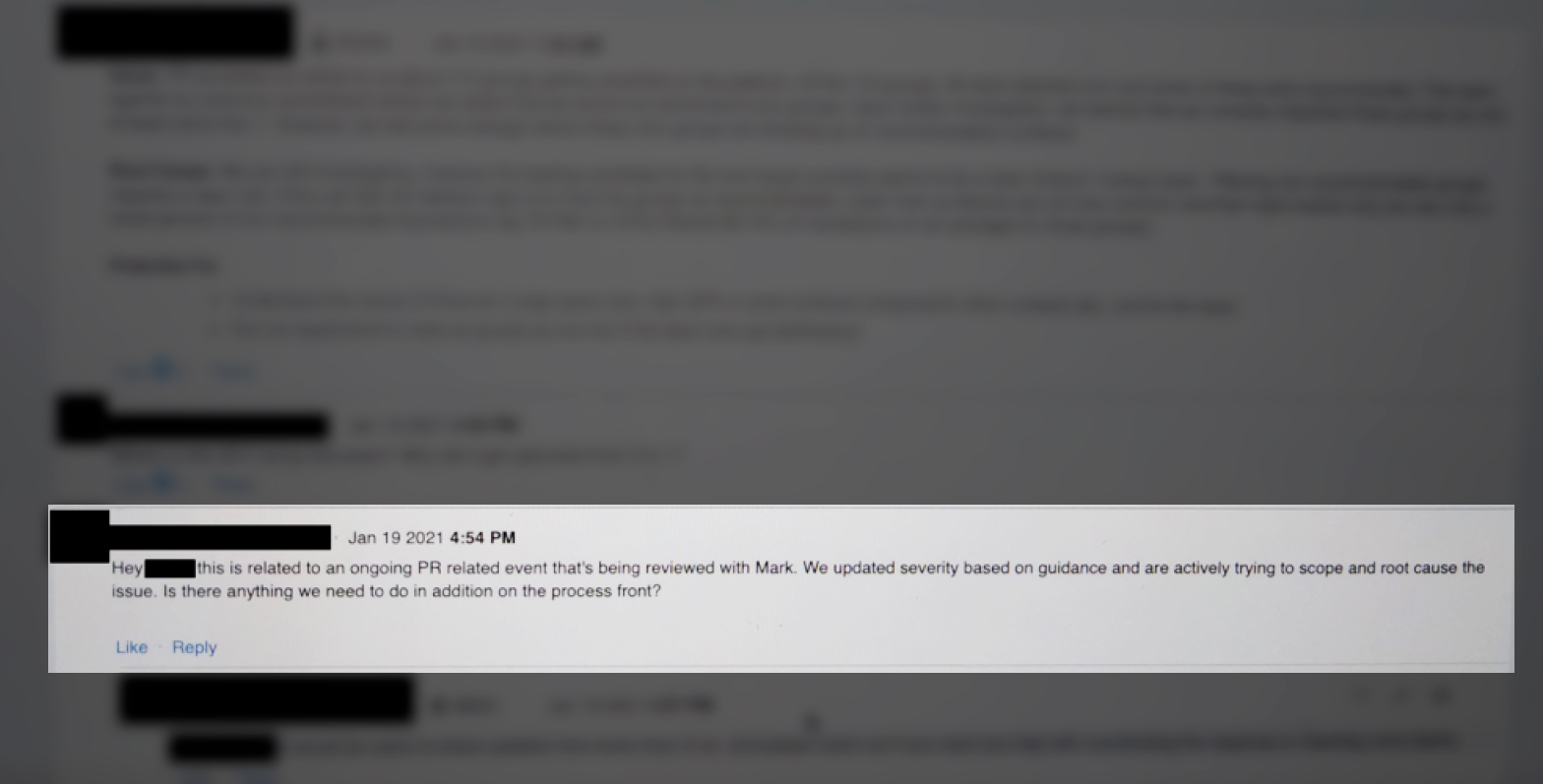 Screenshot of document shared with The Markup, that shows an employee discussing an "ongoing PR related event that's being reviewed with Mark."