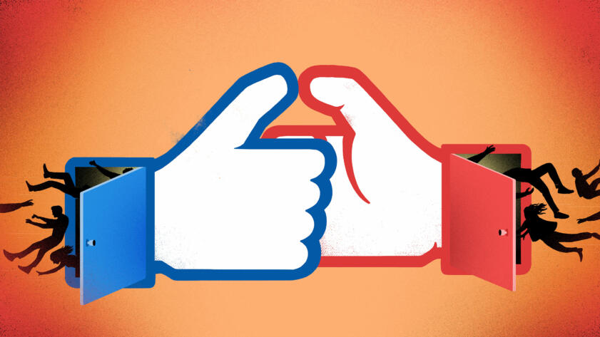 An illustration of two Facebook style thumbs in a thumb war with people being sucked in to doors either side