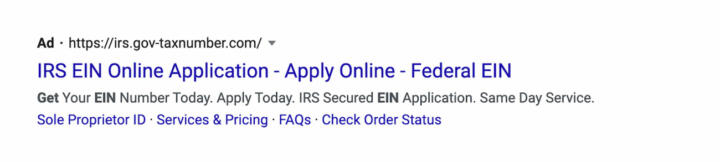 A screenshot of an ad for "irs.gov-taxnumber.com" on Google that showed up in results for a March search for "how to get ein."