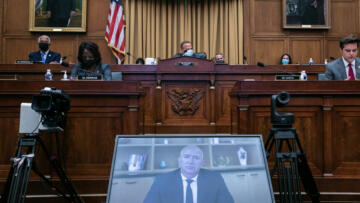 A photo of Jeff Bezos on a screen during the House Judicial Committee's hearing on Antitrust Law