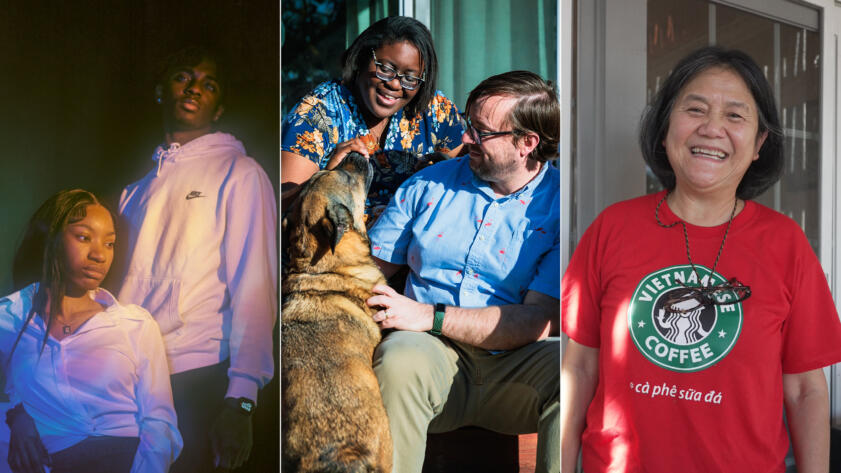 Photo collage of Mia Townsend and Maurice Newton, Dana Amihere with her husband and dog, and Bùi Như Mai