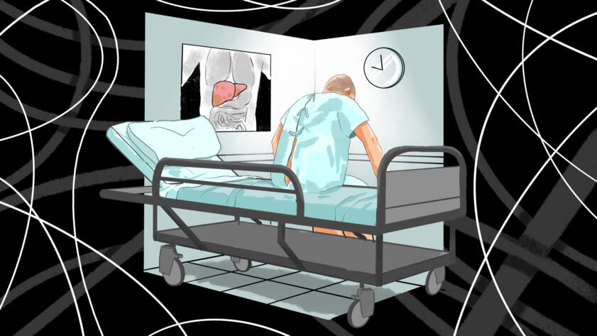 Illustration of a person hunched over a hospital bed with their back facing towards the viewer. There is a clock and X-ray of a liver in the background.