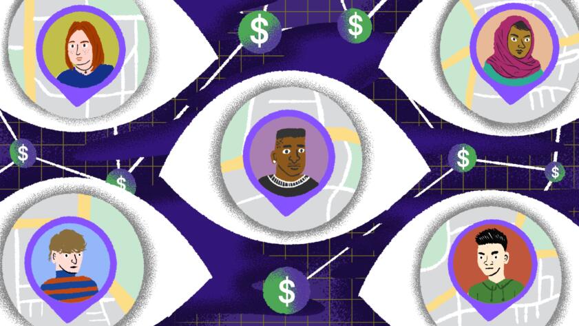 Multiple irises featuring teenagers on location maps. In the background there is a network of circles with dollar signs on them.