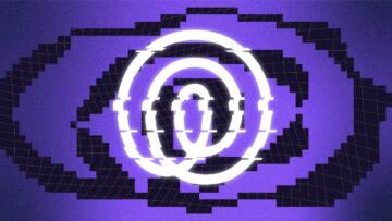 Illustration of Life360's logo, with an electronic lag effect. The background shows openings of a warped grid.