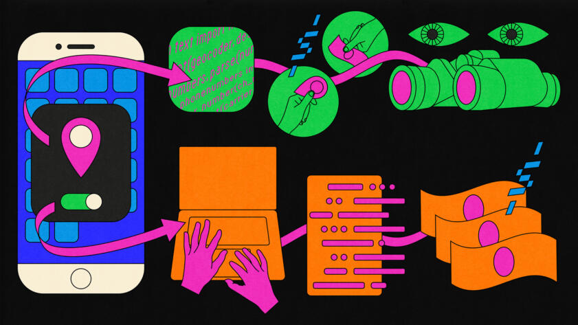 Illustration of a location data diagram flow with various abstract shapes and vignettes of hands buying and selling data.