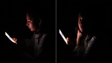 Side-by-side photographs of Mirna in the dark with her phone, the right photo showing her looking up at the camera