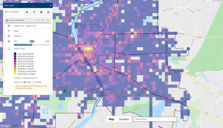 Screenshot of a map of Elgin, Illinois. On top of the map is an overlay of shaded pixels ranging from purple to yellow; to the left, there’s a key illustrating how the overlay refers to the intensity of patrol time.