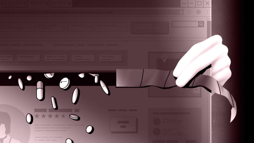 Illustration of a greyed out web browser showing a hospital portal. A white hand behind it is pulling off a strip of the browser and pills are falling out of that strip. There is a blue glow behind the edge of the browser window.