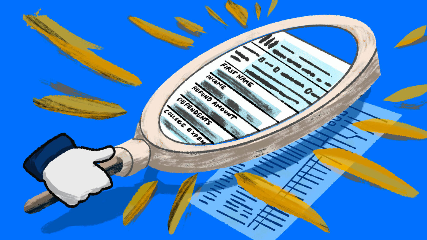 Illustration of the Meta hand with thumbs up holding a magnifying glass over a 1040 tax form.