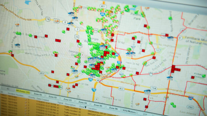 A map of Atlanta generated through PredPol that uses a predictive algorithm to map hotspots for potential crime.