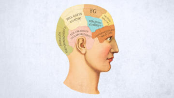 Illustration of a Phrenology diagram but with Coronavirus conspiracy theories mapped on it