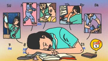 Digital illustration of an exhausted female nurse sleeping at her desk. On top of her there are vignettes of her doing various activities including replacing an IV bag, running, giving a patient a cup of water, working at a computer and injecting someone’s arm with a needle.