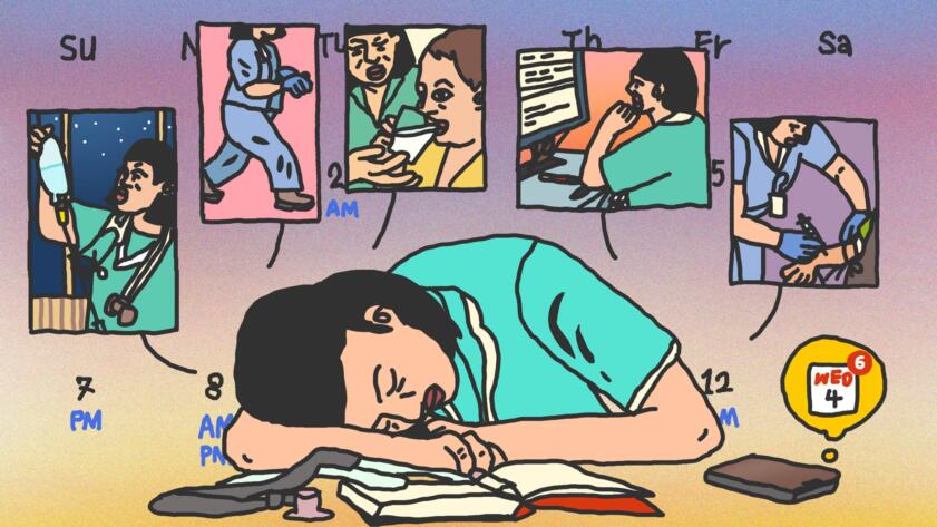 Digital illustration of an exhausted female nurse sleeping at her desk. On top of her there are vignettes of her doing various activities including replacing an IV bag, running, giving a patient a cup of water, working at a computer and injecting someone’s arm with a needle.