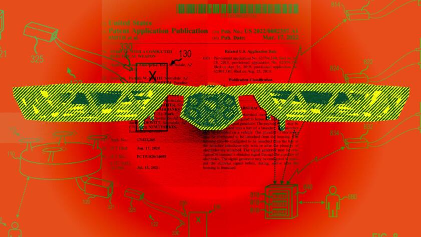 Photo collage illustration of an Axon drone with several pages of its patent report overlaid on top of it.