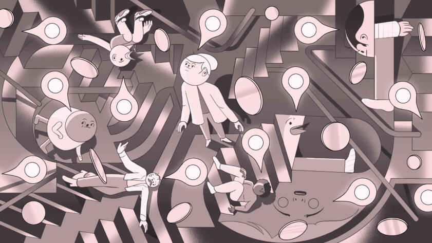 Illustration of several abstract characters standing in a maze of stairs. Location pins and coins are scattered throughout the piece.