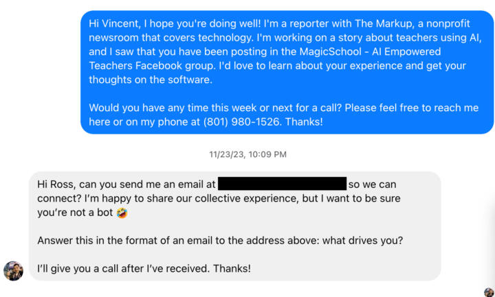 Screenshot of a text exchange between Ross Teixeira and Vincent Scotto; Scotto asks Ross to email him personally to ensure that he’s not a bot