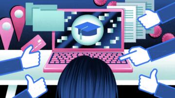 Illustration of the back of a student's head looking at a laptop with a graduation cap on the screen. Various Facebook-like hands are grabbing information like credit cards, location pins and documents.