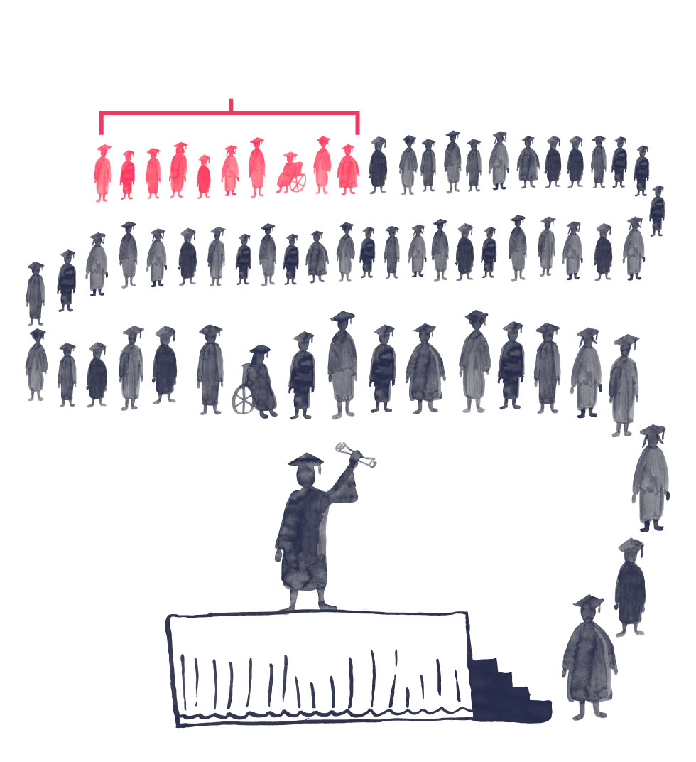 Illustration of a line of students snaking, with one student holding a diploma at the end