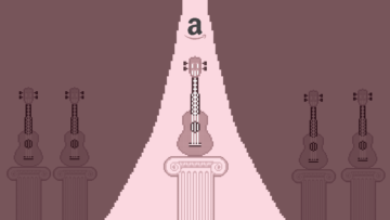 Illustration of an Amazon logo and a ray of light shining on a ukulele placed on a column. In the background there are several ukuleles on lower columns.