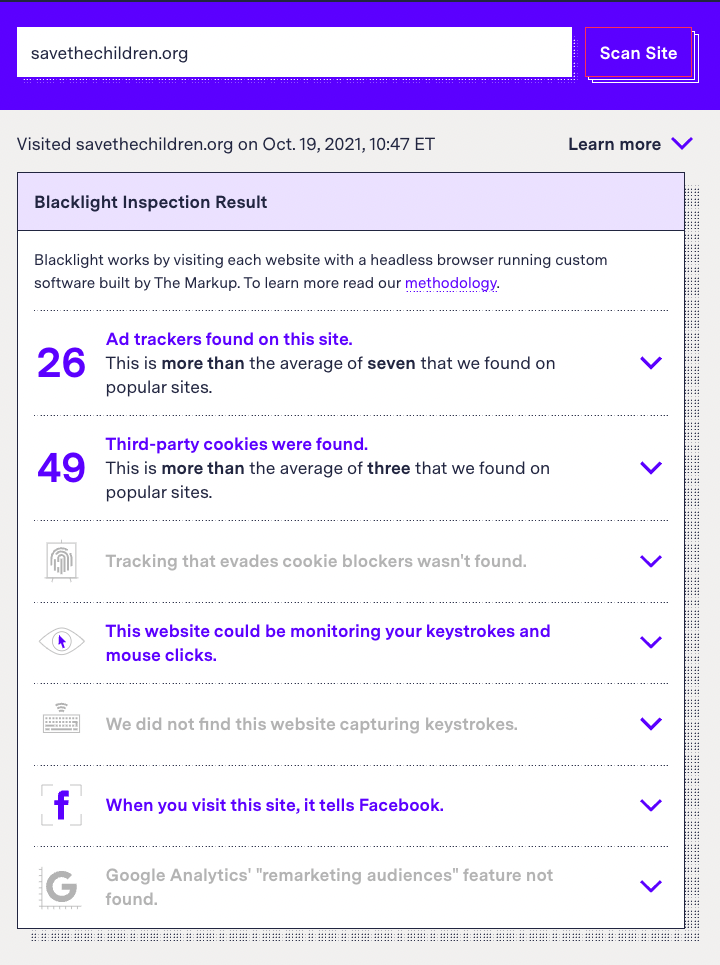 Screenshot of The Markup's Blacklight app, which shows that the Save the Children website has 26 ad trackers and 49 third-party cookies.