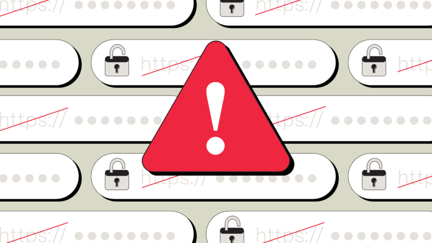 Illustration of a triangular warning sign with an explanation point in the middle. In the background there is a pattern of URL fields with an open lock and a slash through "https://"