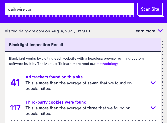 A screenshot of The Markup Blacklight page showing 41 ad trackers and 117 third-party cookies found in a Daily Wire scan