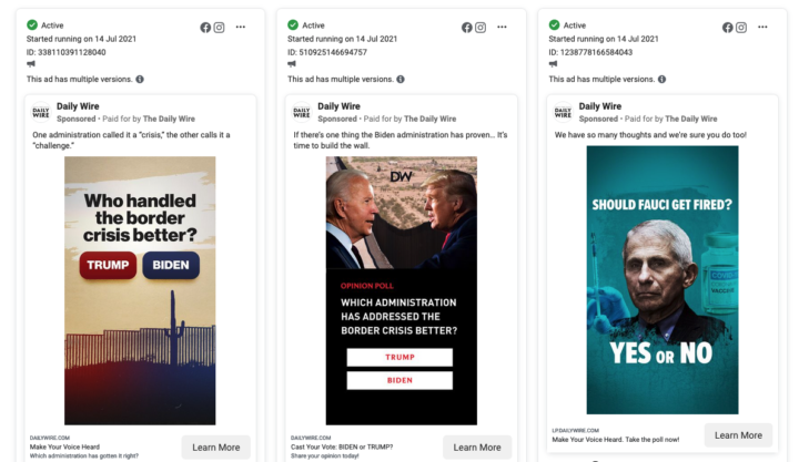 A sample of ads run by The Daily Wire, including two that ask Who handled the border crisis better, with a button for Trump and a button for Biden, and one that asks Should Fauci Get Fired?