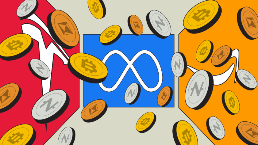 Illustration of cryptocurrency coins falling. The background shows distorted logos for Tesla and Amazon, with Meta's logo in the middle.