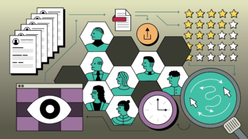 Illustration of abstract diagram with resumes, stars and PDFs. In the middle are hexagons of people's profiles.