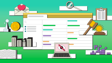 Illustration of a database, with floating rows showing various vignettes of impact, including awards, a banging gavel, a clipboard, an envelope with a heart in it, a book, a magnifying glass and pixels.