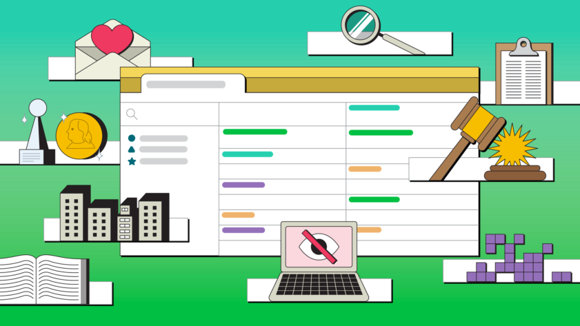 Illustration of a database, with floating rows showing various vignettes of impact, including awards, a banging gavel, a clipboard, an envelope with a heart in it, a book, a magnifying glass and pixels.