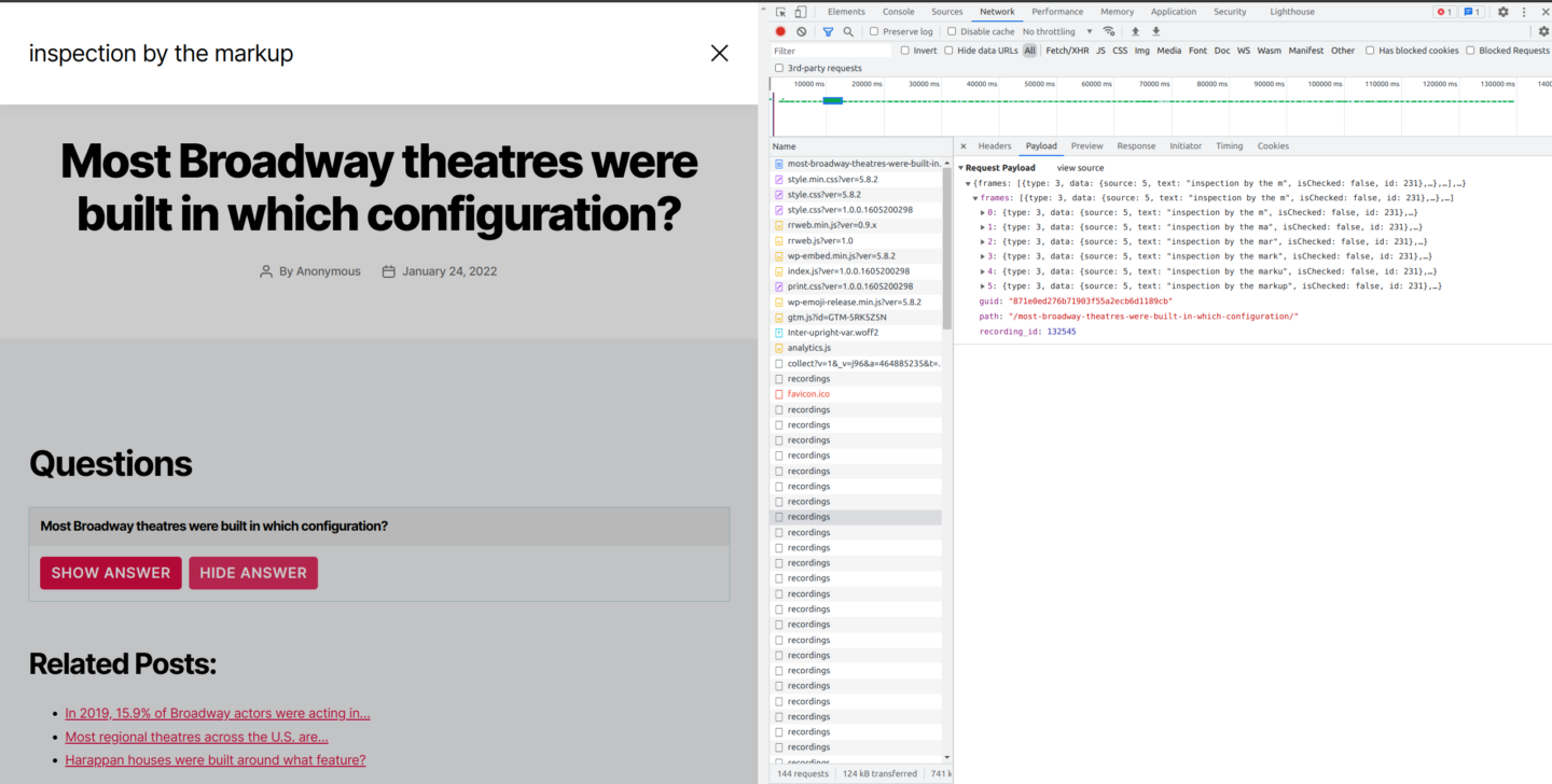 Screenshot of buzzfolder.com, with developer tools showing the text "inspection by the markup" being recorded.