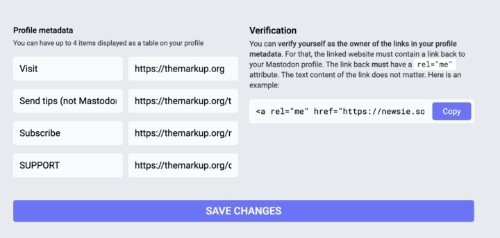 Screenshot showing The Markup's four links on their account profile page and the link for verification.