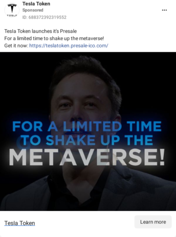 Screenshot of an ad for Tesla Token, featuring Elon Musk's image.